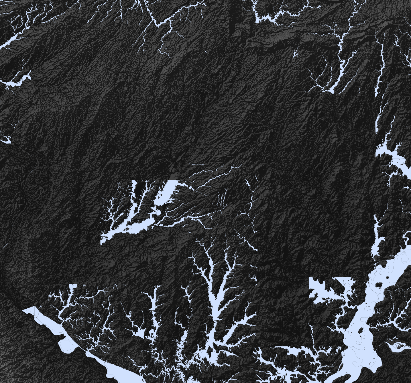 Animated terrain map in which pale FEMA flood patterns are extended by deep-blue model-generated flood extents